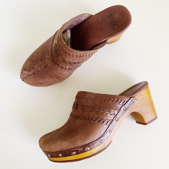 ugg brown leather clogs